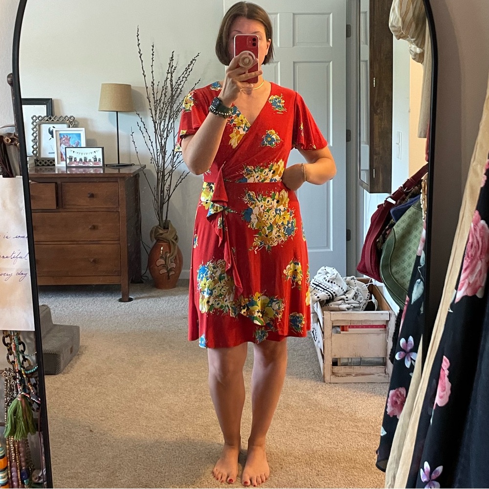 Lauren Ralph Lauren Red Floral Ruffle Trim Jersey Mini Dress